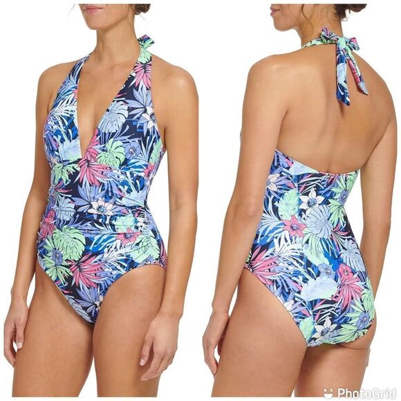 Tommy Hilfiger Halter One Piece Neo Mint Color Tummy Control Swimsuit - Picture 1 of 12